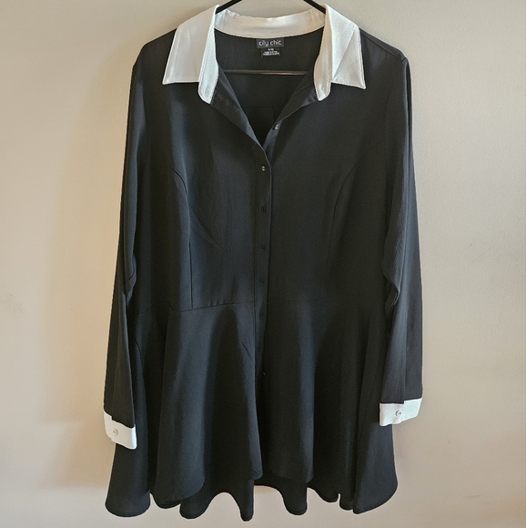 City Chic White and Black Button Down Peplum Top - Picture 1 of 8